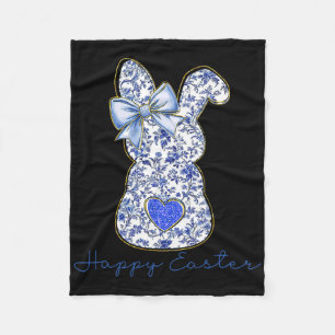Blue Floral Toile Chinoiserie Bunny Easter For Gir Fleece Blanket
