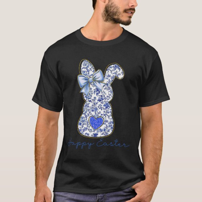 Blue Floral Toile Chinoiserie Bunny Easter For Gir T-Shirt (Front)