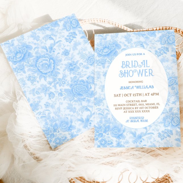 Blue Floral Toile French Bridal Shower Invitation (Creator Uploaded)