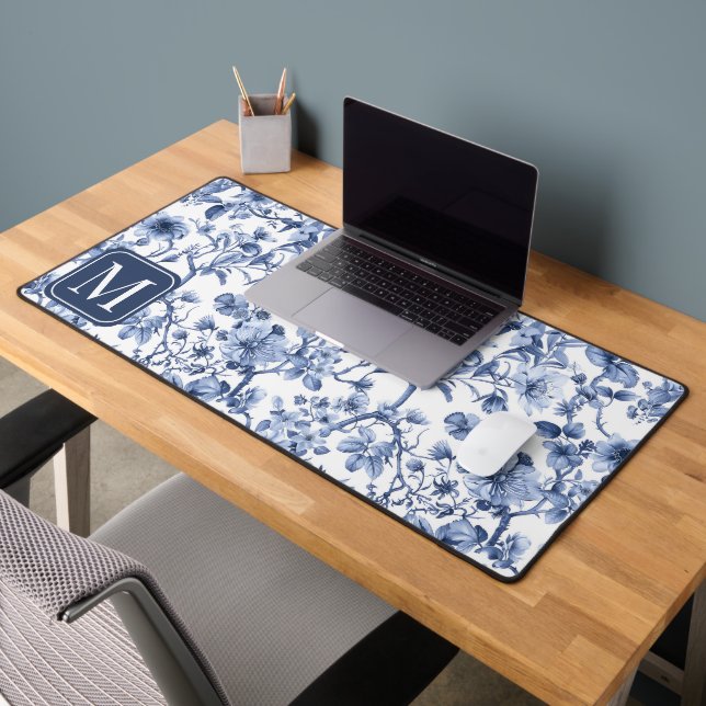 Blue Floral Toile Pattern Monogram Initial Desk Mat (Office 2)