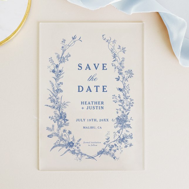 Blue Floral Toile Save The Date Acrylic Invitations (Creator Uploaded)