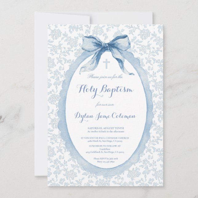 Blue Floral Toile Watercolor Bow Baptism Invite (Front)
