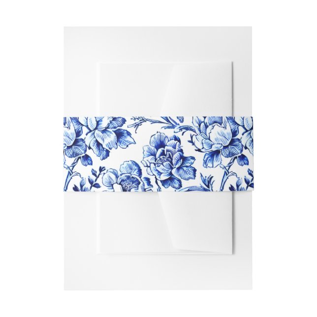 Blue Floral Toile Wedding Invitation Belly Band (Front Example)