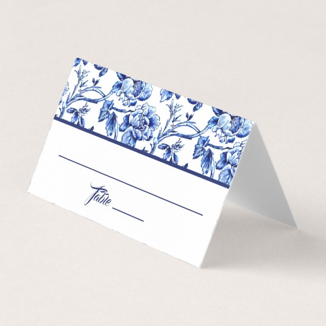 Blue Floral Toile Wedding Place Card (Front)