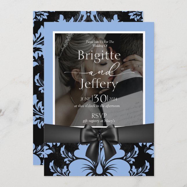 Blue floral traditional photo invitation (Front/Back)