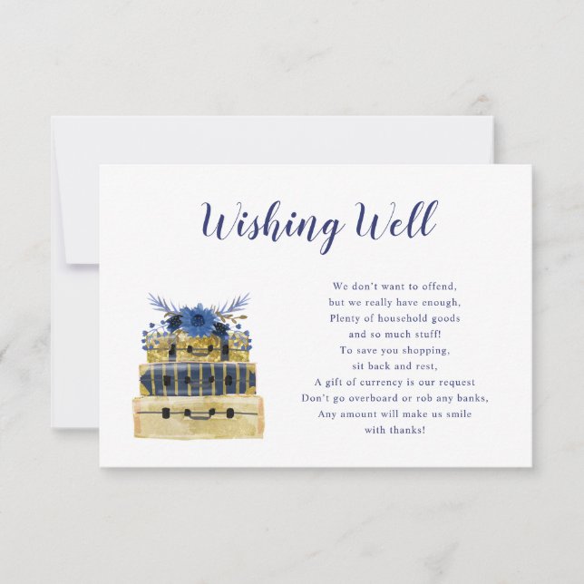 Blue Floral Travel Bridal Shower Wishing well card (Front)