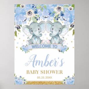 Blue Floral Twin Boys Elephant Baby Shower Welcome Poster