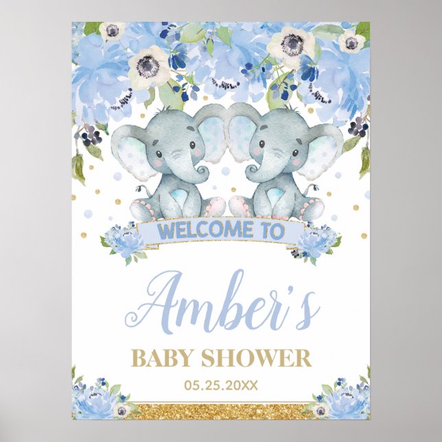 Blue Floral Twin Boys Elephant Baby Shower Welcome Poster (Front)