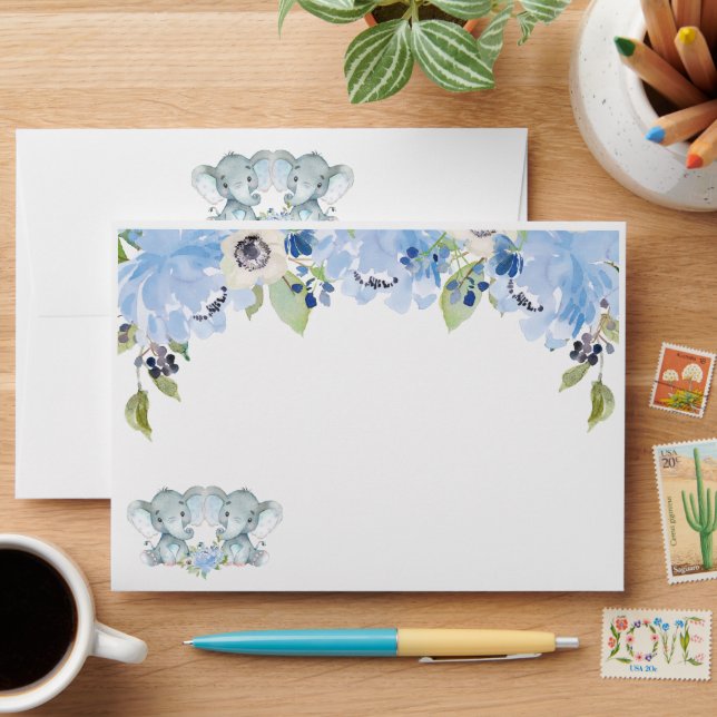 Blue Floral Twins Elephants Baby Shower Birthday Envelope (Desk)