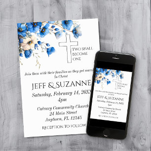 Blue Floral Two Become One Cross Wedding  Invitation