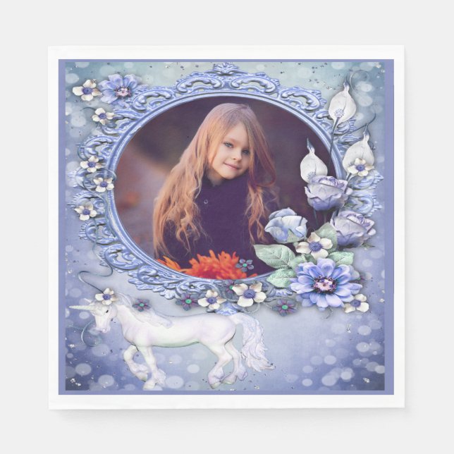 Blue Floral Unicorn Photo Birthday Napkin (Front)