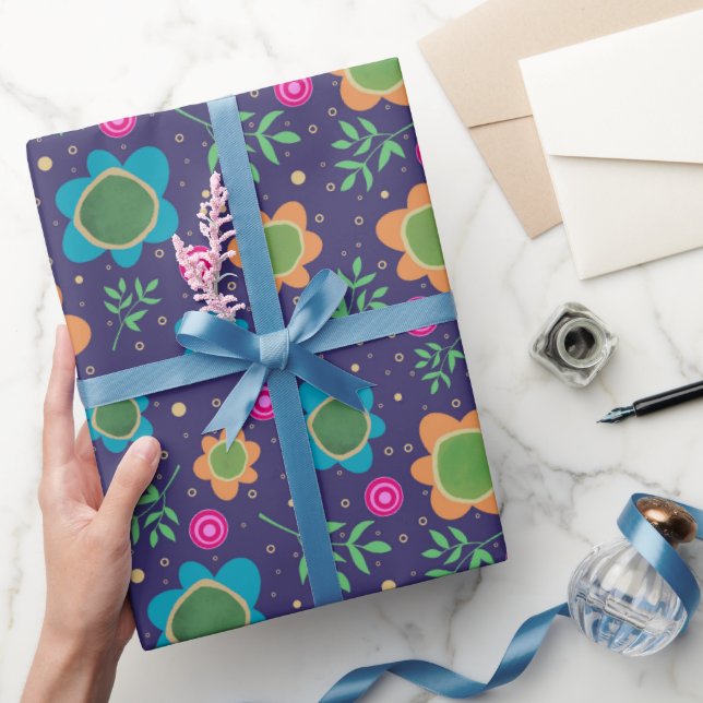 Blue Floral Unique Fun Colourful Pattern  Wrapping Paper (Gifting)