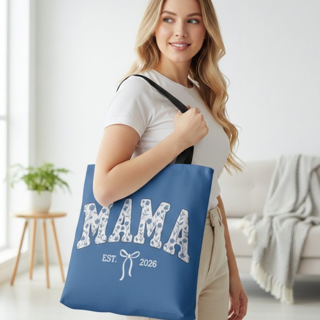 Blue Floral Varsity Mama Feminine Design Tote Bag (Creator Uploaded)