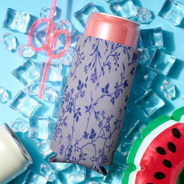 Blue floral vines grey seltzer can cooler (In Situ Summer)