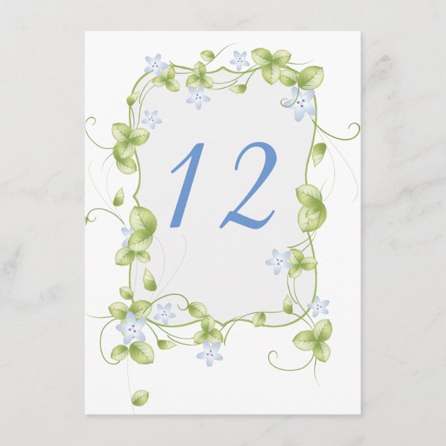 Blue Floral Vines Wedding Reception Table Number (Front)