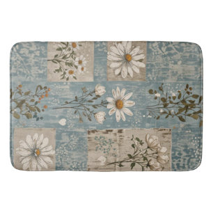 Blue Floral Vintage Botanical Daisy Farmhouse Bath Mat