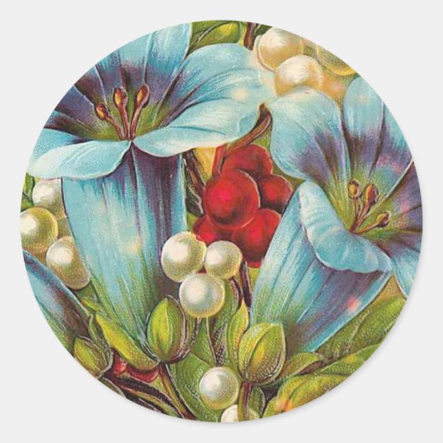 "Blue Floral" Vintage Flowers Classic Round Sticker (Front)