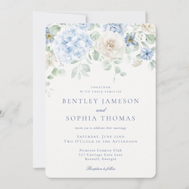 Blue Floral Vintage French Botanical Wedding Invitation (Front)