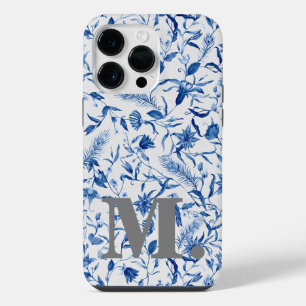 Blue Floral Vintage Girly Monogram Initial iPhone 14 Pro Max Case