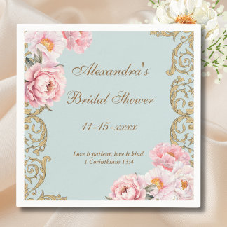 Blue Floral Vintage Peony Christian Bridal Shower Napkin