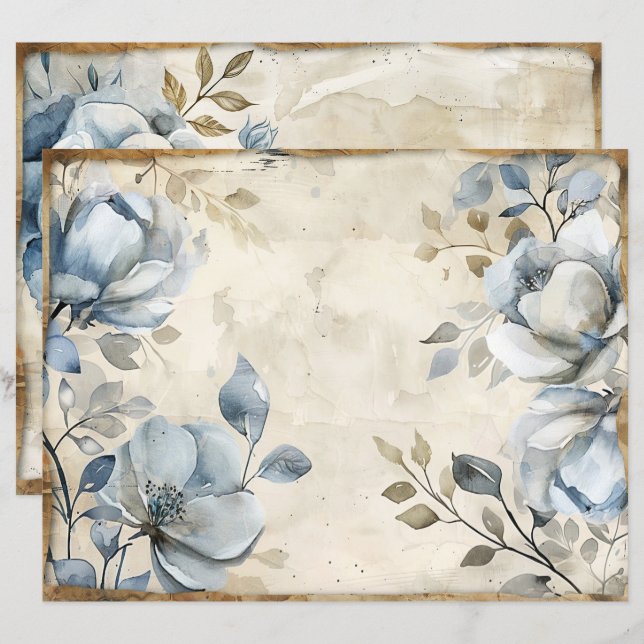 Blue Floral Vintage Scrapbook Paper (Front/Back)