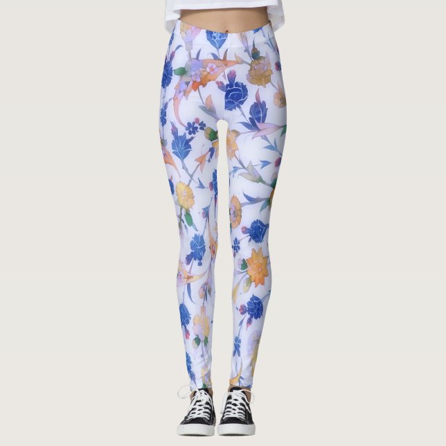 Blue Floral Vintage Style Flowers Art Leggings (Front)