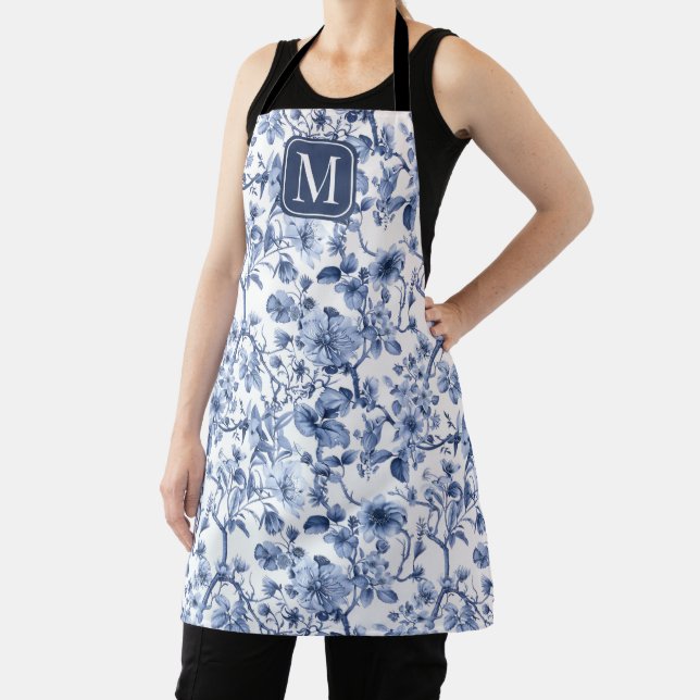 Blue Floral Vintage Toile Pattern Monogram Apron (Insitu)