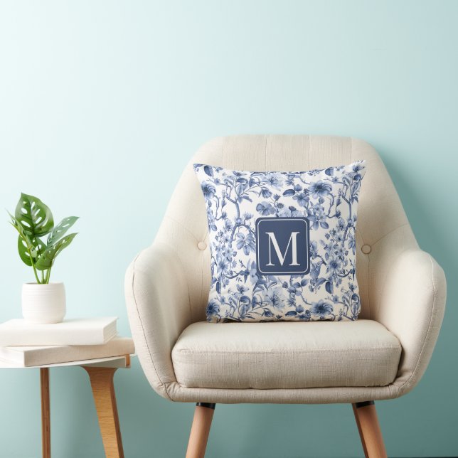 Blue Floral Vintage Toile Pattern Monogram Cushion (Chair)