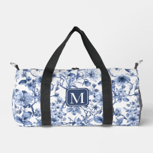 Blue Floral Vintage Toile Pattern Monogram Duffle Bag