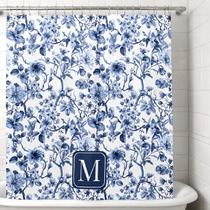 Blue Floral Vintage Toile Pattern Monogram Shower Curtain