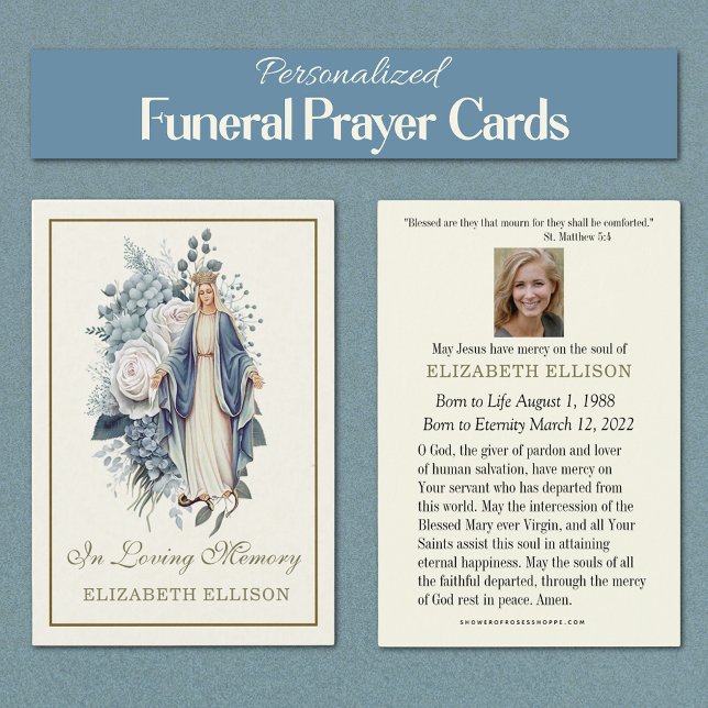 Blue Floral Virgin Mary Funeral Prayer Card (Personalized Catholic Funeral Memorial Prayer Cards of the Blessed Virgin Mary, Our Lady of Grace)