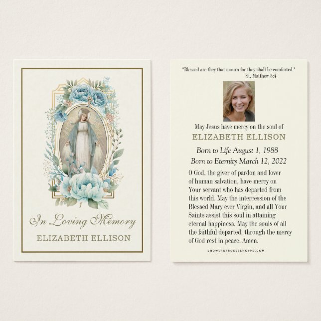 Blue Floral Virgin Mary Funeral Prayer Card (Front & Back)