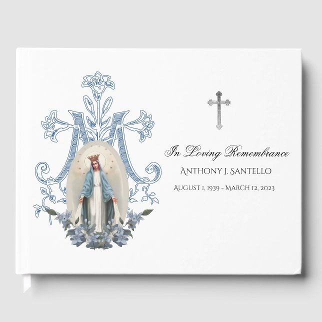 Blue Floral Virgin Mary  Memorial Funeral  Guest Book (Front)
