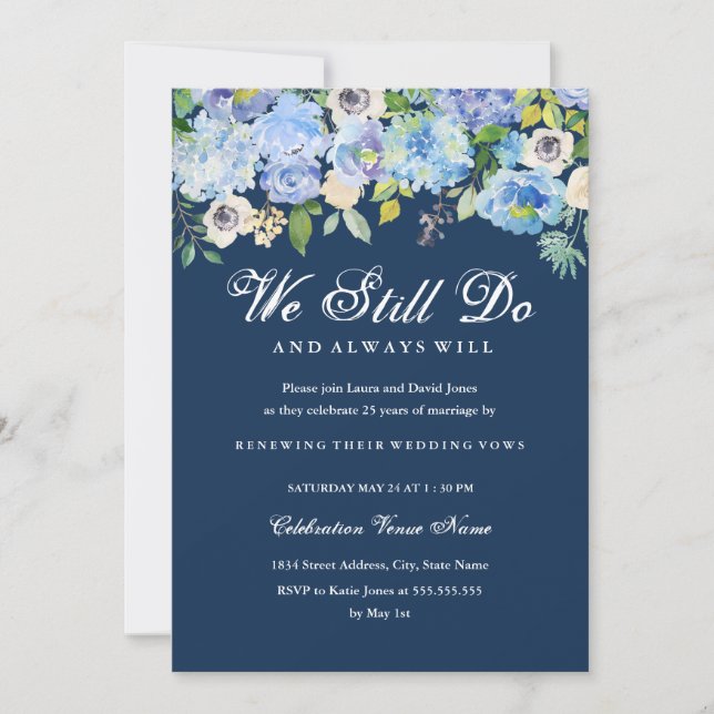 Blue Floral Vow Renewal Anniversary Invitation (Front)