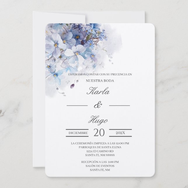 Blue Floral water coloured Spanish Wedding Invitation (Front)