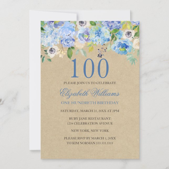 Blue Floral Watercolor 100th Birthday Invite (Front)