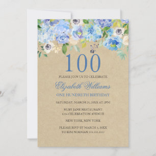 Blue Floral Watercolor 100th Birthday Invite