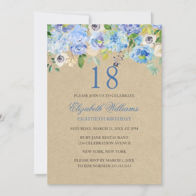 Blue Floral Watercolor 18th Birthday Invite (Front)