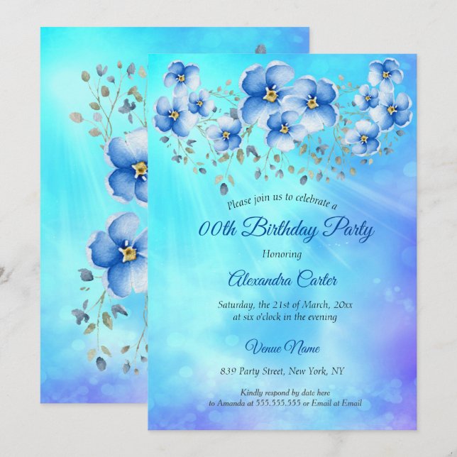 Blue  Floral Watercolor Birthday Party Invitation (Front/Back)