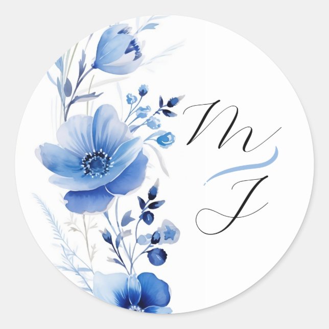 Blue Floral Watercolor Botanical  Classic Round Sticker (Front)