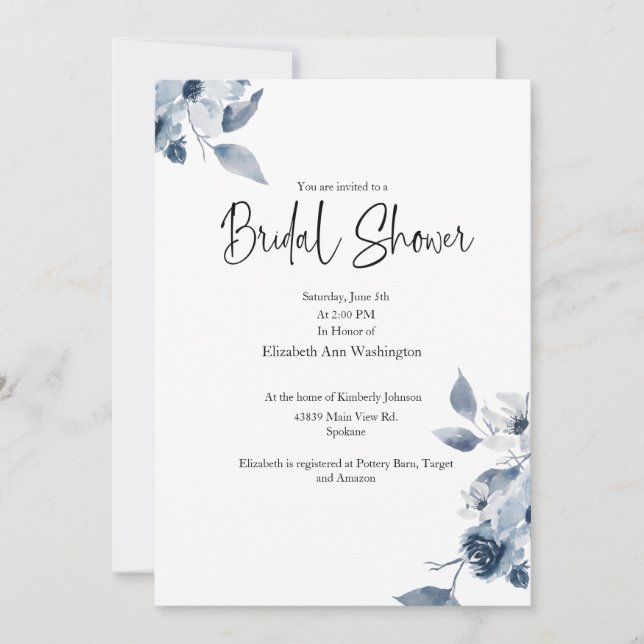 Blue Floral Watercolor Bridal Shower Invitation (Front)
