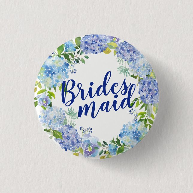 Blue Floral Watercolor Bridesmaid Button (Front)