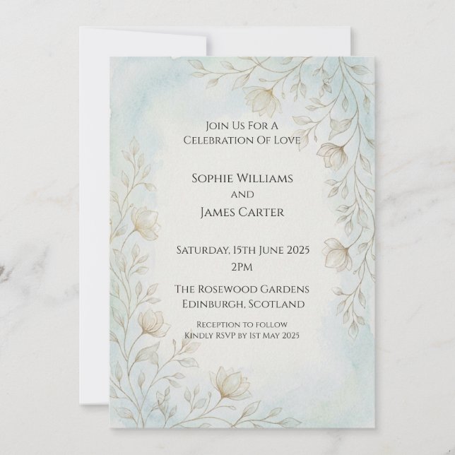 Blue Floral Watercolor Elegant Wedding Invitation (Front)