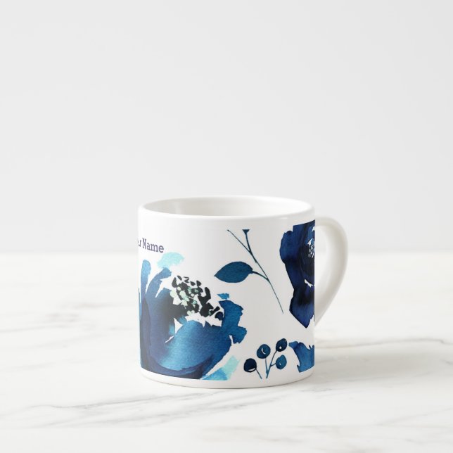 Blue Floral Watercolor Flowers Elegant Custom Espresso Cup (Front Right)