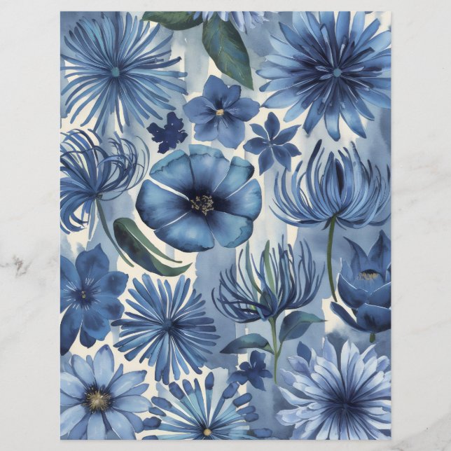 Blue floral watercolor flowers scrapbook paper (Front)
