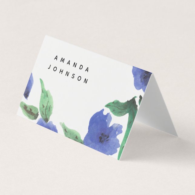 Blue Floral Watercolor Folded Business Card (Front)