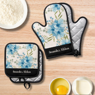 Blue Floral Watercolor Greenery Script Personalise Oven Mitt & Pot Holder Set
