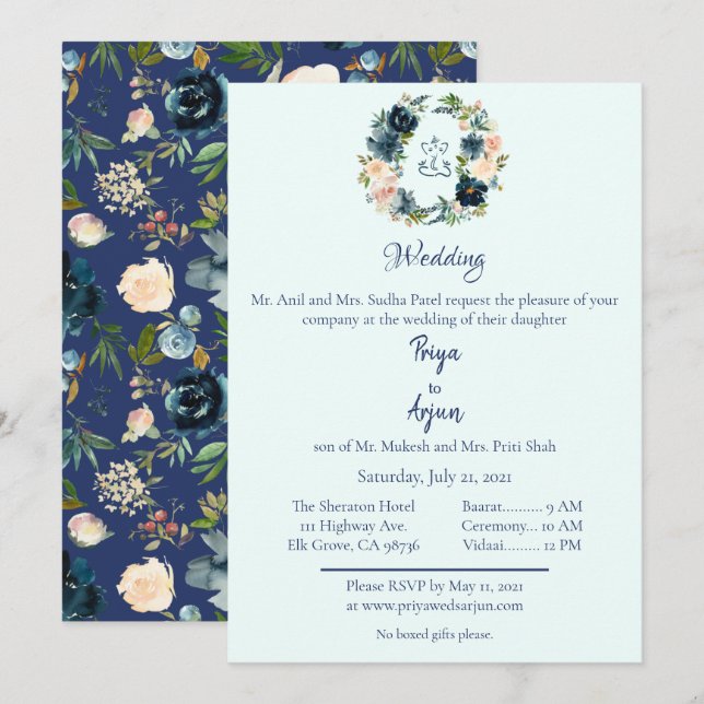 Blue Floral Watercolor Hindu Ganesh Wedding Invitation (Front/Back)