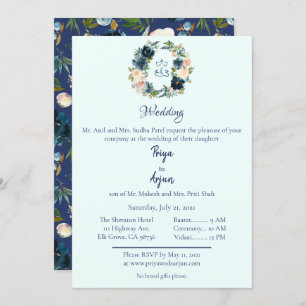 Blue Floral Watercolor Hindu Ganesh Wedding Invitation