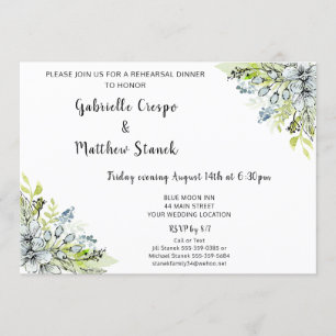 Blue Floral Watercolor Modern Rehearsal Dinner Invitation